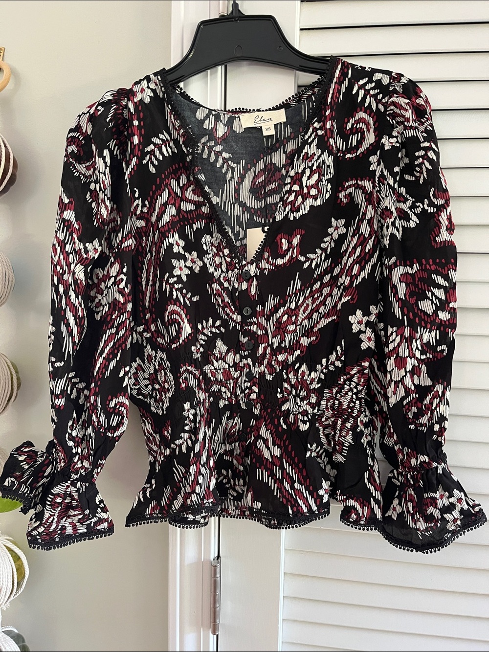 Elan Black Floral Paisley V-Neck Blouse with Burgundy and White Accents